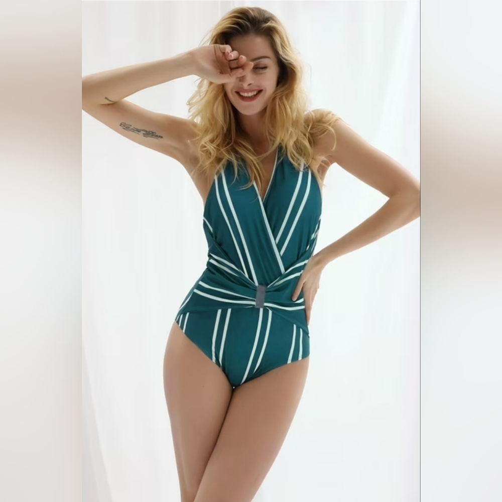 Grace Karin Teal Stripe One-Piece Swimsuit